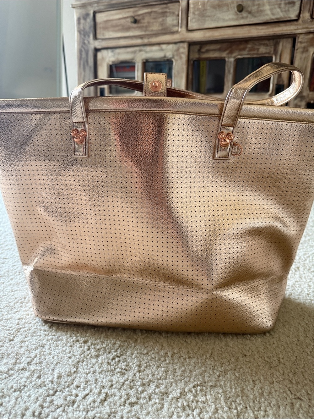 Metallic Rose Gold Tote Bag with Perforated Design Disney Mickey Head